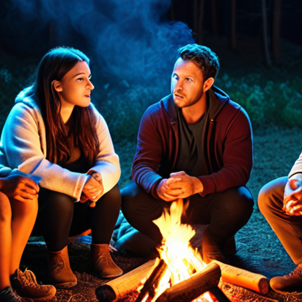 A group of diverse people sitting around a campfire, listening intently to a storyteller, representing the emotional connection and engagement storytelling creates.  Warm lighting, cozy atmosphere.