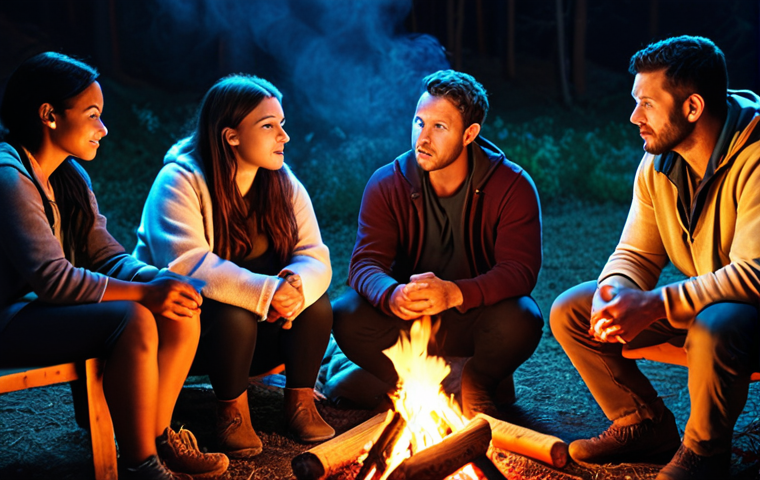 A group of diverse people sitting around a campfire, listening intently to a storyteller, representing the emotional connection and engagement storytelling creates. Warm lighting, cozy atmosphere.