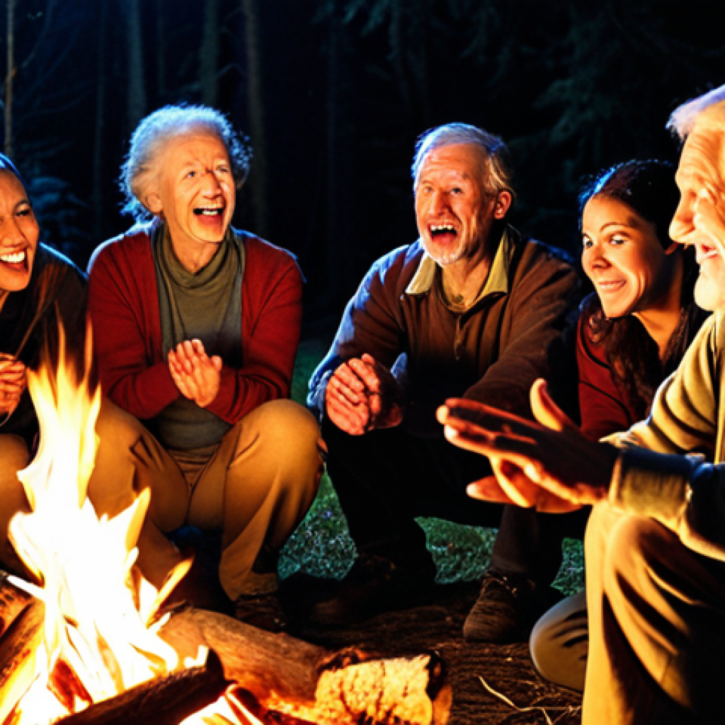 **

A diverse group of people gathered around a campfire at night, listening intently to a storyteller. The storyteller is an older person with a kind face, gesturing with their hands. The firelight illuminates their faces, showing expressions of awe, laughter, and perhaps a little fear. Focus on capturing the emotions evoked by the story. Warm colors dominate the scene.

**