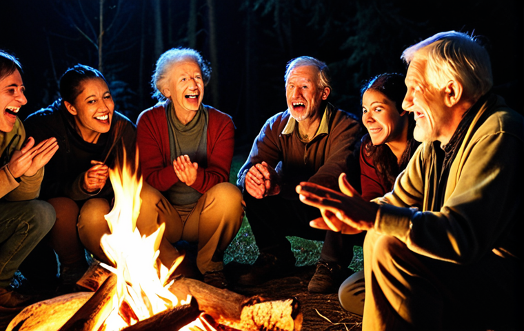 **
A diverse group of people gathered around a campfire at night, listening intently to a storyteller. The storyteller is an older person with a kind face, gesturing with their hands. The firelight illuminates their faces, showing expressions of awe, laughter, and perhaps a little fear. Focus on capturing the emotions evoked by the story. Warm colors dominate the scene.
**