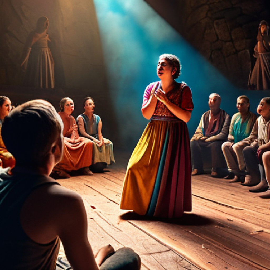 **A storyteller captivating an audience with expressive gestures, vibrant colors, and dramatic lighting, evoking a sense of wonder and inspiration.** (Focuses on the art of storytelling and its impact.)