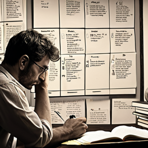 Home 25 ** A writer deeply contemplating character development. The scene should depict a study filled with notes, character sketches, and books. The mood should be thoughtful and creative.
**