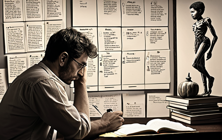 ** A writer deeply contemplating character development. The scene should depict a study filled with notes, character sketches, and books. The mood should be thoughtful and creative.
**