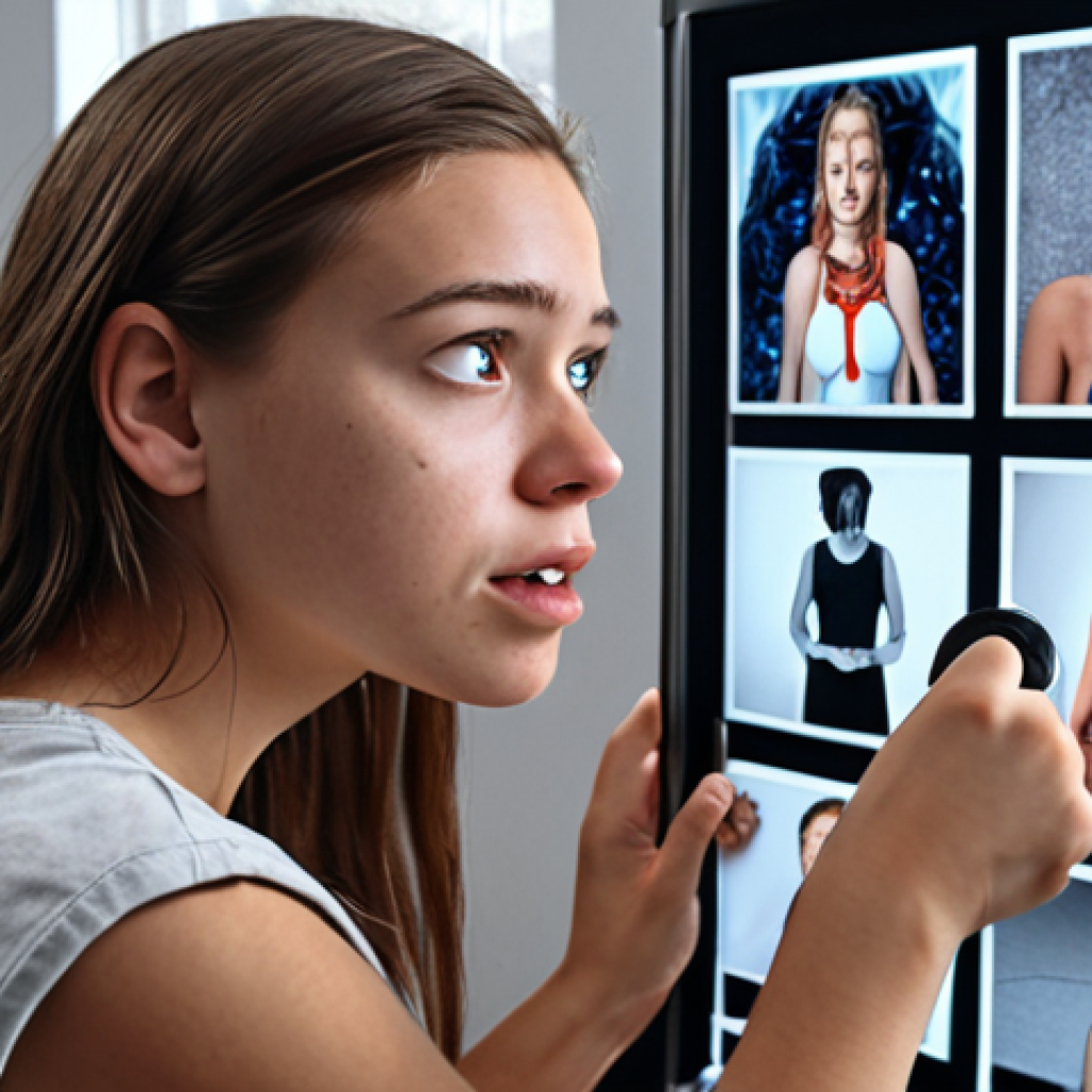 A young woman inspiring a large online audience with her stories on social media, emphasizing the power of storytelling in the digital age.