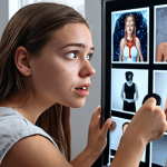 A young woman inspiring a large online audience with her stories on social media, emphasizing the power of storytelling in the digital age.