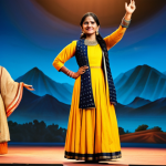**

"A confident Indian storyteller, fully clothed in traditional, modest attire, gesturing expressively. She stands on a vibrant stage with a backdrop depicting scenes from Indian folklore. Warm lighting, professional photography, perfect anatomy, natural pose, safe for work, appropriate content, family-friendly."

**