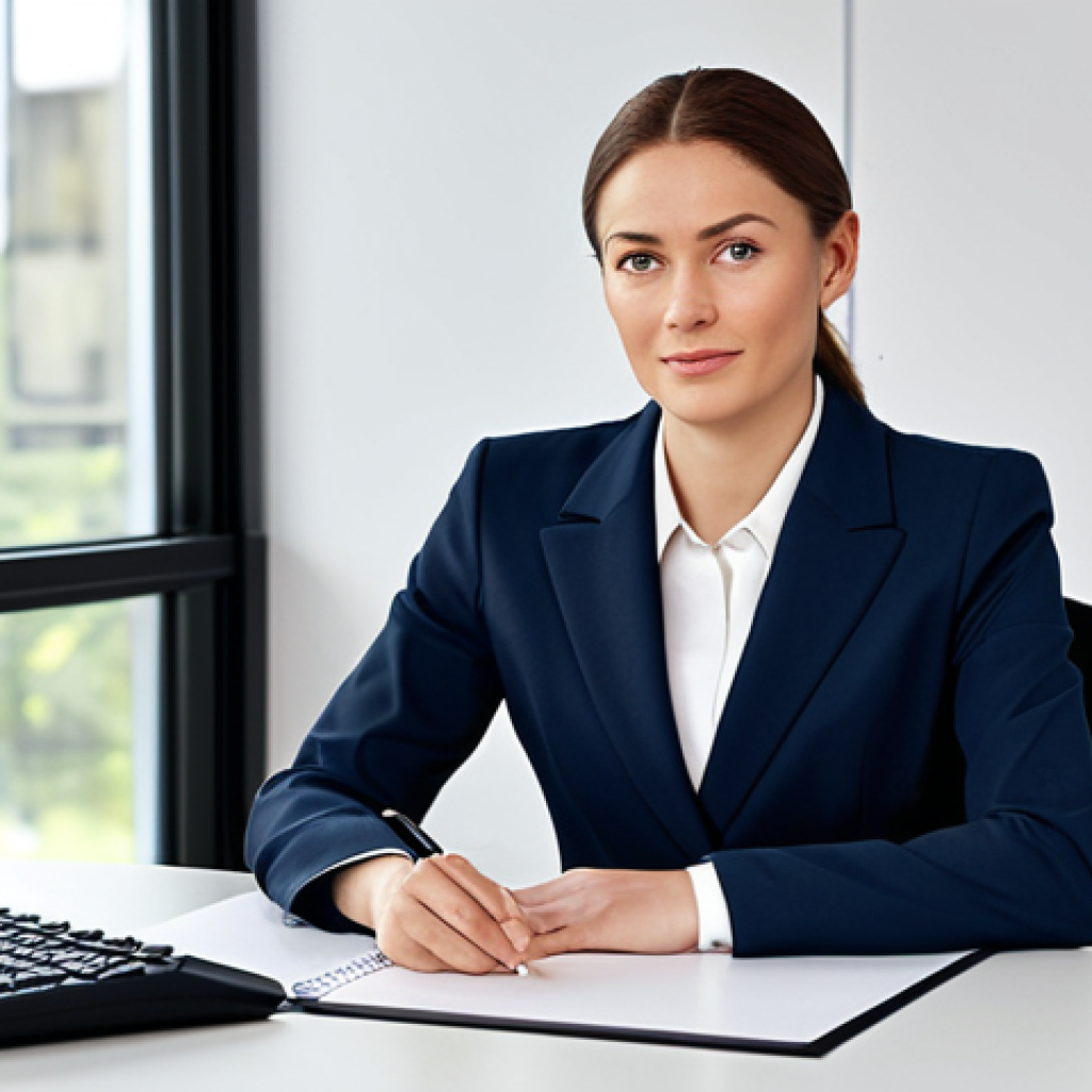 **

A professional businesswoman in a modest business suit, sitting at a desk in a modern office, fully clothed, appropriate attire, safe for work, perfect anatomy, natural proportions, professional photography, high quality.

**