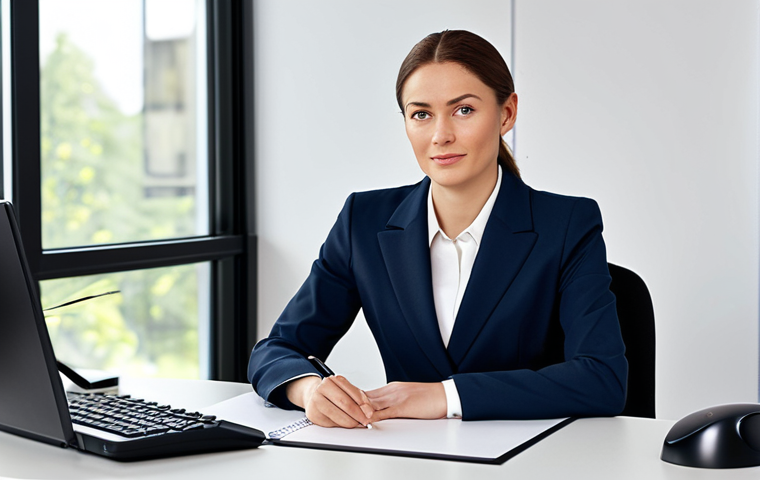 **

A professional businesswoman in a modest business suit, sitting at a desk in a modern office, fully clothed, appropriate attire, safe for work, perfect anatomy, natural proportions, professional photography, high quality.

**