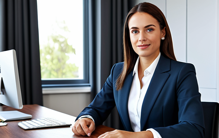 **

A professional businesswoman in a modest business suit, sitting at a desk in a modern office, fully clothed, appropriate attire, safe for work, perfect anatomy, natural proportions, professional photography, high quality, family-friendly.

**