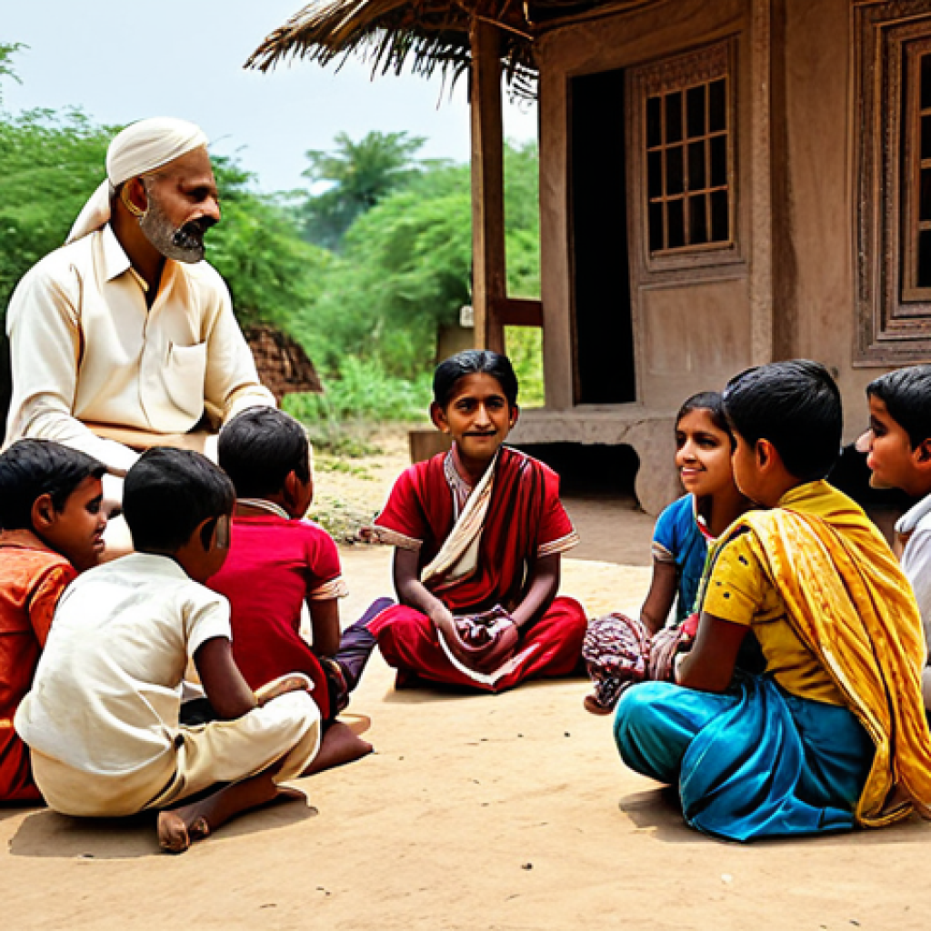 **Prompt:** A seasoned storyteller, fully clothed in traditional Indian attire, narrating a tale to a group of attentive children in a village setting, appropriate content, safe for work, professional, perfect anatomy, natural proportions, high resolution.