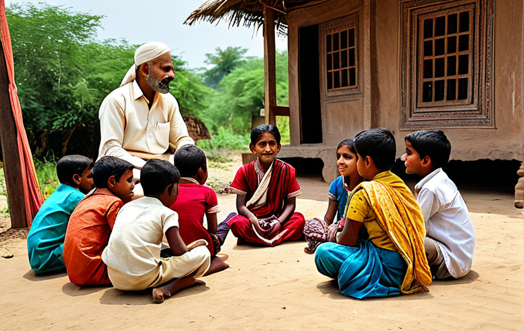 **Prompt:** A seasoned storyteller, fully clothed in traditional Indian attire, narrating a tale to a group of attentive children in a village setting, appropriate content, safe for work, professional, perfect anatomy, natural proportions, high resolution.