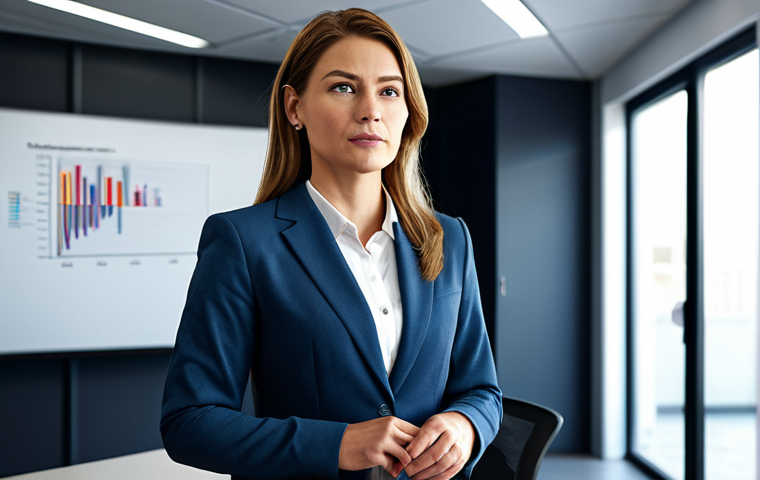 스토리텔러 자격증과 관련된 준비 과정과 성공 전략 분석과 연구 - **Business Storytelling:** A confident businesswoman in a modern office setting, delivering a presen...