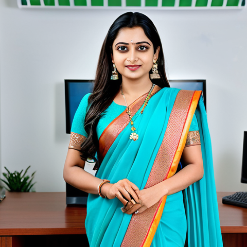 스토리텔러 실기 시험의 주요 평가 요소와 전략 분석과 연구 - **Prompt:** A confident professional in India, wearing a modest and elegant saree, standing in a mod...