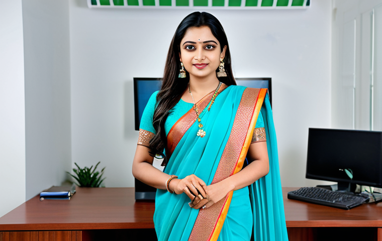 스토리텔러 실기 시험의 주요 평가 요소와 전략 분석과 연구 - **Prompt:** A confident professional in India, wearing a modest and elegant saree, standing in a mod...