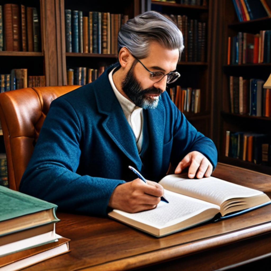 스토리텔러 실기 시험 합격을 위한 준비 팁 - Storyteller Writing**
 A focused author in a modest outfit, writing at a desk in a cozy study, surro...