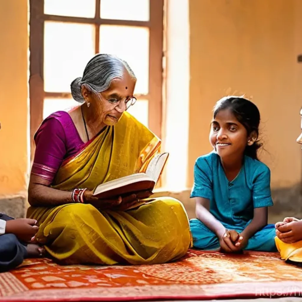 스토리텔러 관련 직업군의 필수 기술 - **Prompt 1: The Warmth of Childhood Stories**
    A heartwarming scene featuring an elderly Indian g...