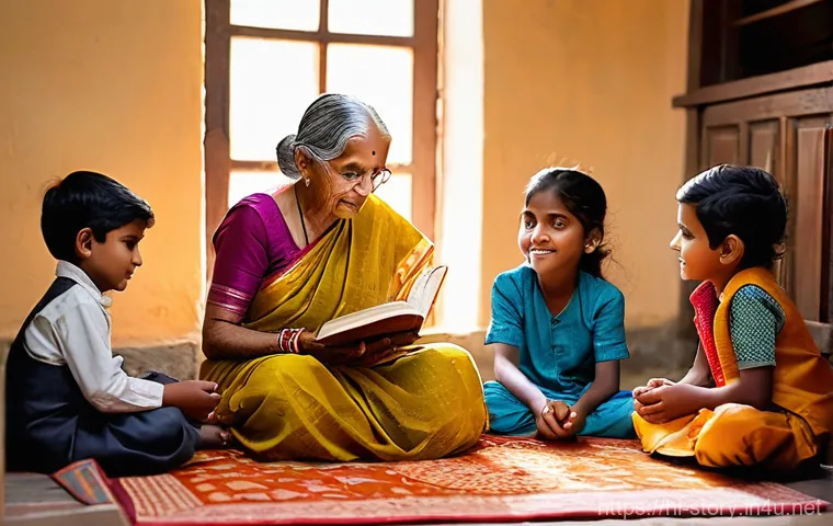 스토리텔러 관련 직업군의 필수 기술 - **Prompt 1: The Warmth of Childhood Stories**
    A heartwarming scene featuring an elderly Indian g...