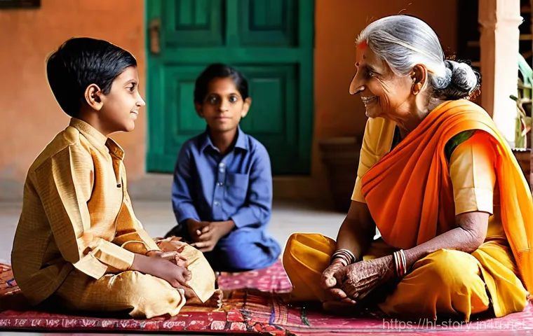 스토리텔러 관련 직업의 다양한 이야기 제작 방법과 사례 분석과 연구 - **Prompt:** A heartwarming scene featuring an elderly Indian grandmother, with gentle wrinkles and a...