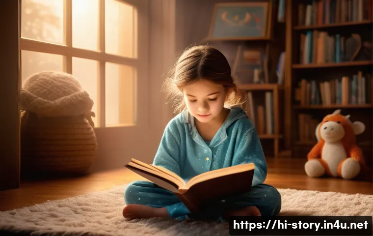 스토리텔러와 이야기 구성의 핵심 - A young child, around 7-8 years old, wearing comfortable, full-length pajamas, sits cross-legged on ...