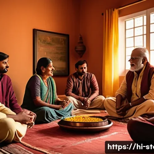 스토리텔러로서 성공한 명언 - A warm and inviting storytelling scene set in a cozy Indian living room during sunset, with a middle...