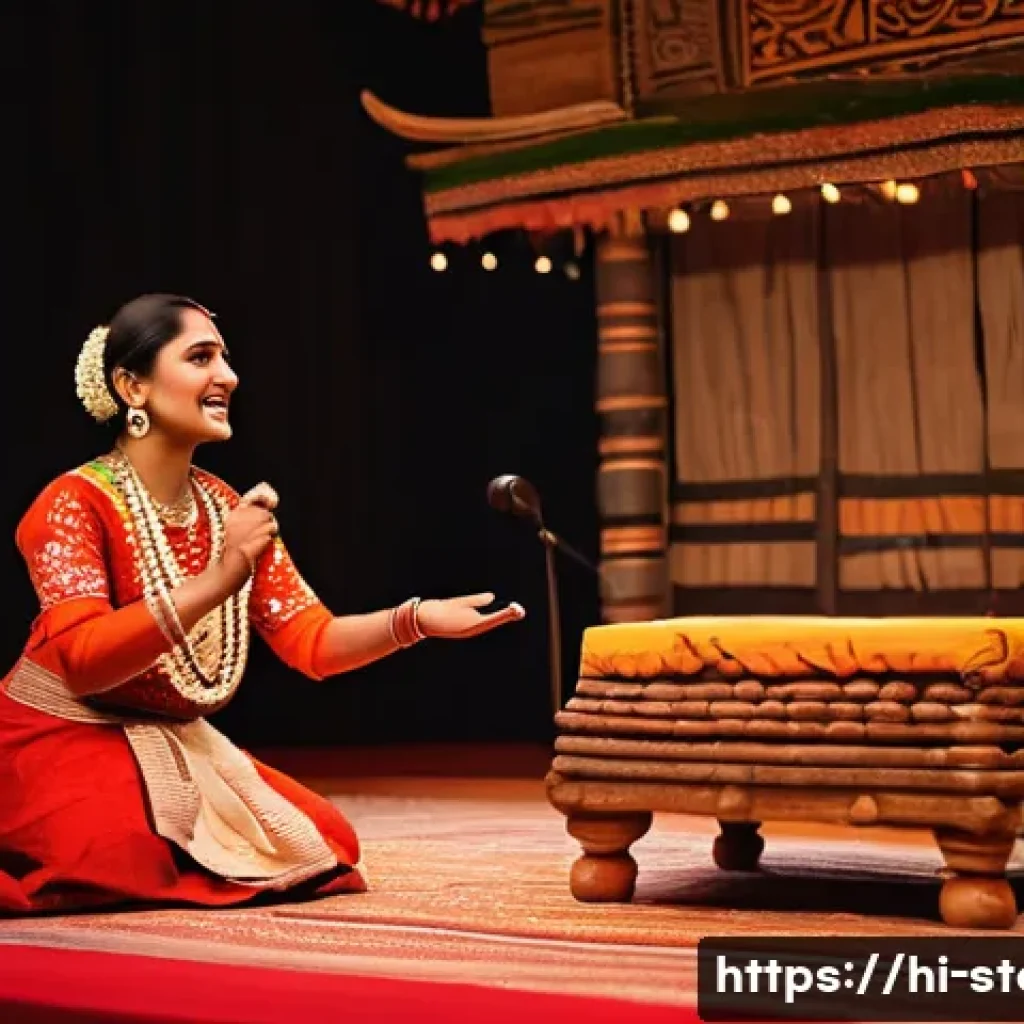 스토리텔러 이론과 실무의 차이 - A skilled storyteller standing on a traditional Indian stage, wearing simple traditional attire, pas...