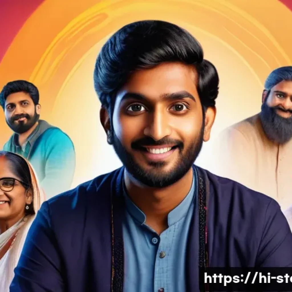 스토리텔러 전문 기관 및 협회 - A vibrant digital storytelling scene featuring a young Indian storyteller presenting an emotional ta...