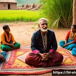 스토리텔러 자격증과 관련된 글로벌 사례 연구와 전략 분석 - A vibrant scene of an Indian storyteller in traditional attire, seated cross-legged on a colorful pa...