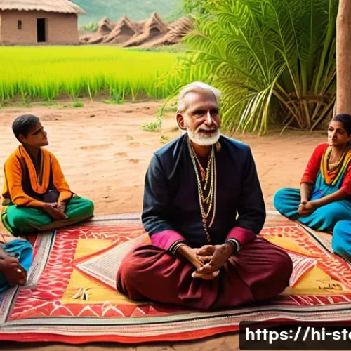 스토리텔러 자격증과 관련된 글로벌 사례 연구와 전략 분석 - A vibrant scene of an Indian storyteller in traditional attire, seated cross-legged on a colorful pa...