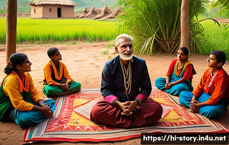 스토리텔러 자격증과 관련된 글로벌 사례 연구와 전략 분석 - A vibrant scene of an Indian storyteller in traditional attire, seated cross-legged on a colorful pa...