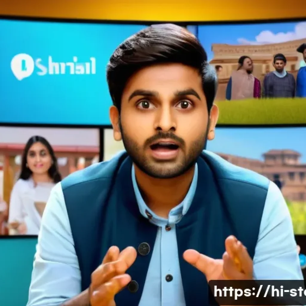 스토리텔러 실무 사례와 교훈 - A vibrant digital storytelling scene featuring a young Indian presenter in traditional casual attire...