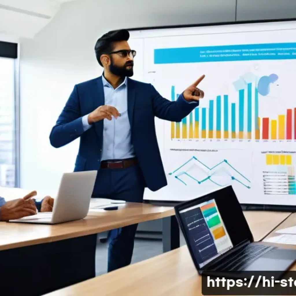 스토리텔러가 알아야 할 데이터 스토리텔링 - A modern office setting with a diverse group of Indian professionals engaged in a data storytelling ...