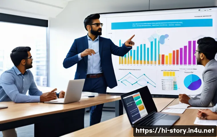 스토리텔러가 알아야 할 데이터 스토리텔링 - A modern office setting with a diverse group of Indian professionals engaged in a data storytelling ...