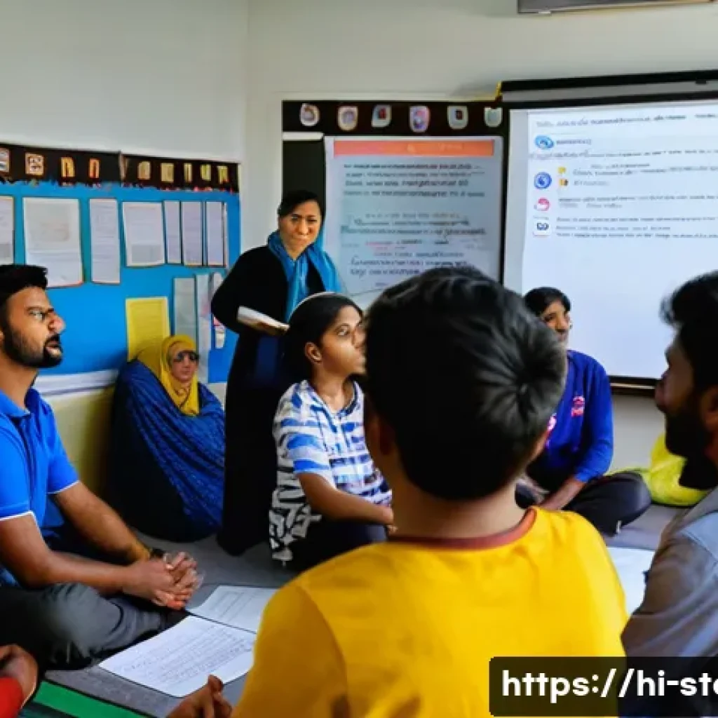 스토리텔러 자격증과 관련된 해외 사례 - A professional storytelling workshop scene in a modern classroom setting, featuring a diverse group ...