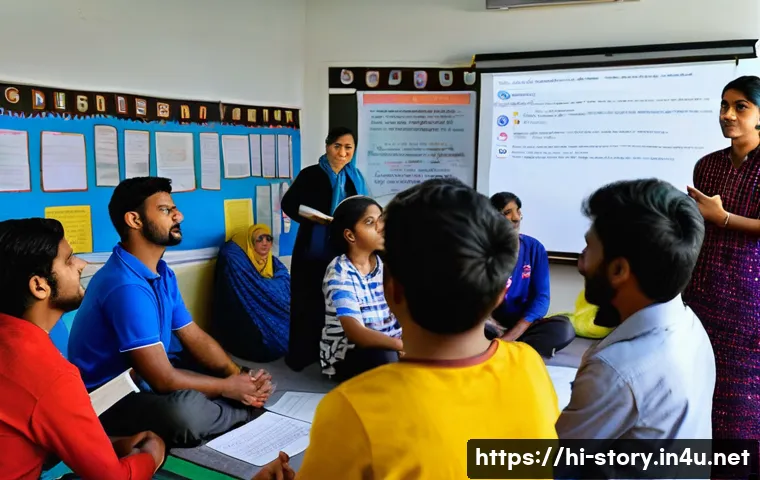 스토리텔러 자격증과 관련된 해외 사례 - A professional storytelling workshop scene in a modern classroom setting, featuring a diverse group ...