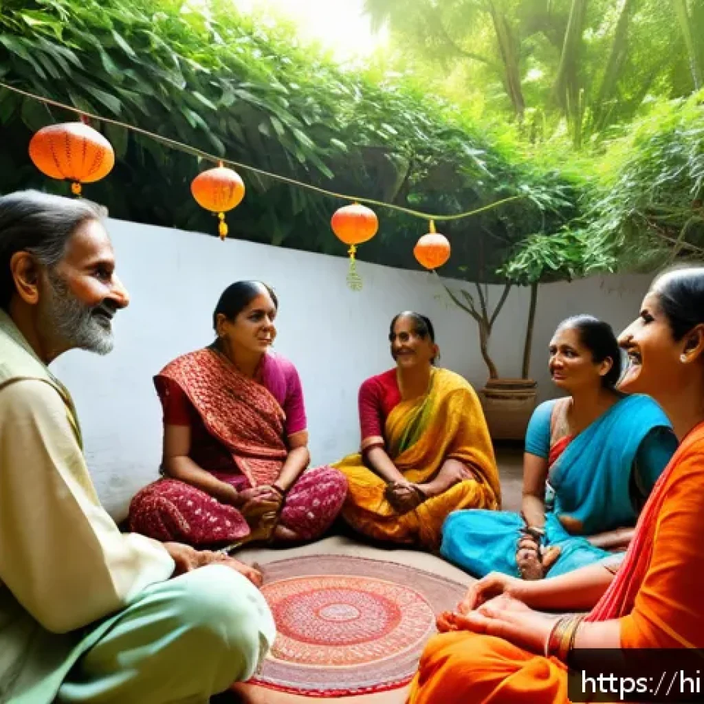 스토리텔러의 자기계발 방법 - A warm and inviting scene of a Hindi storyteller sitting comfortably in a traditional Indian courtya...