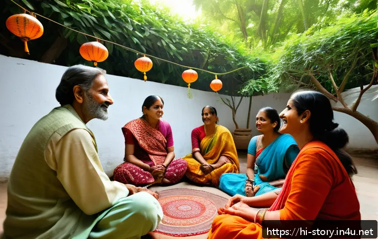 스토리텔러의 자기계발 방법 - A warm and inviting scene of a Hindi storyteller sitting comfortably in a traditional Indian courtya...