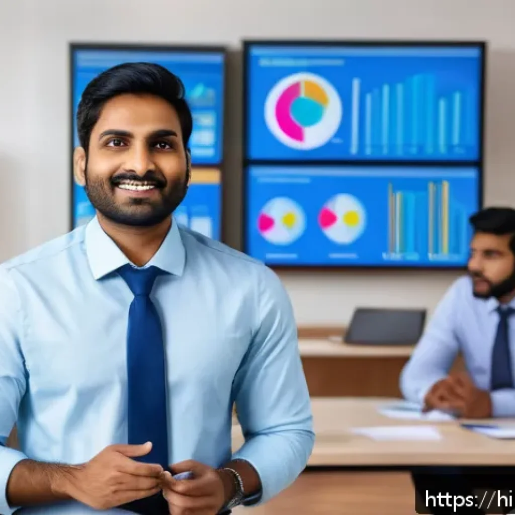 스토리텔러로서의 커리어 전환 성공법 - A professional Indian man in his early 30s, wearing formal business attire, confidently presenting h...