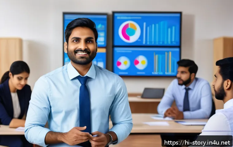 스토리텔러로서의 커리어 전환 성공법 - A professional Indian man in his early 30s, wearing formal business attire, confidently presenting h...