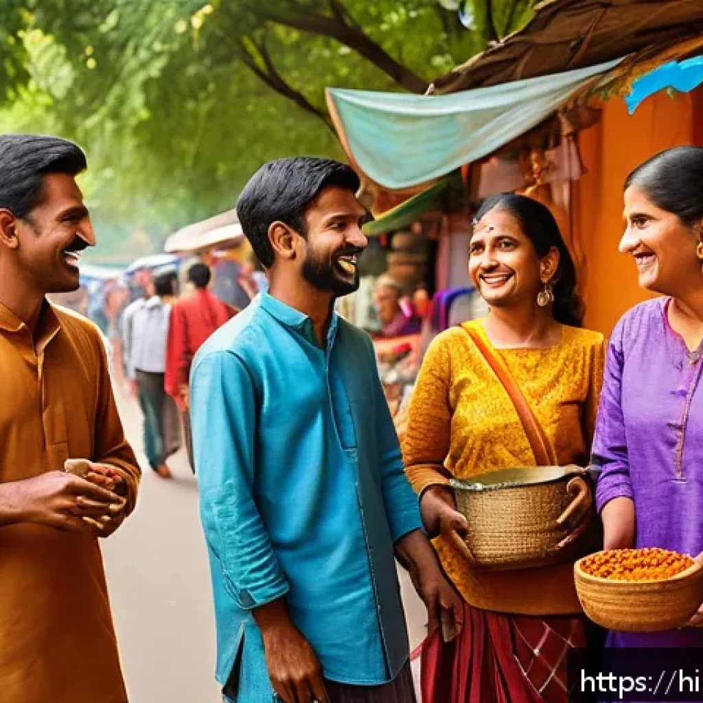 스토리텔러로서 창의적 영감을 얻는 방법 - A vibrant Indian street market scene capturing everyday life in a small town, with colorful stalls s...