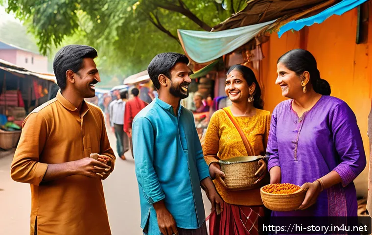 스토리텔러로서 창의적 영감을 얻는 방법 - A vibrant Indian street market scene capturing everyday life in a small town, with colorful stalls s...