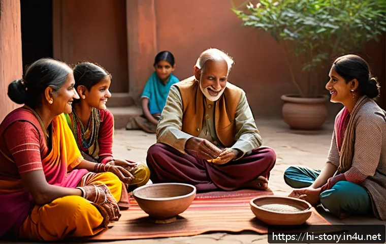 스토리텔러 직업과 관련된 다양한 이야기 제작 방법 분석 - A warm and inviting scene of a Hindi storyteller sitting in a traditional Indian courtyard, surround...