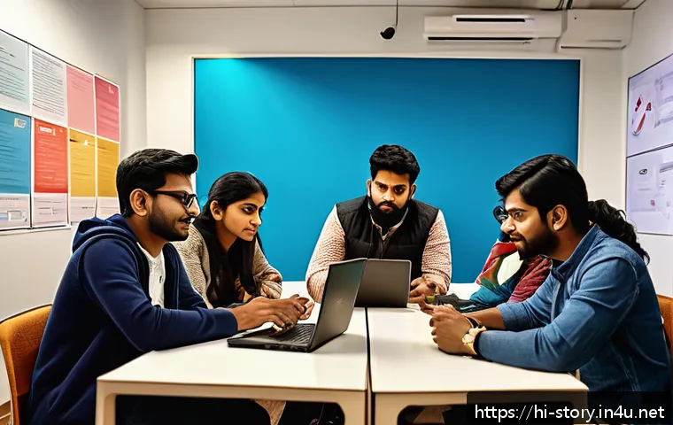 스토리텔러 자격증의 활용 사례 분석 - A vibrant digital storytelling workshop scene featuring a diverse group of young Indian professional...
