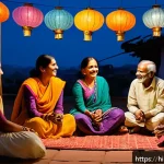 Home 22 스토리텔러 직무와 관련된 성공적인 스토리 제작 - A warm, emotionally rich scene showing a Hindi storyteller surrounded by an attentive, diverse group...