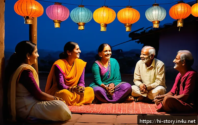 스토리텔러 직무와 관련된 성공적인 스토리 제작 - A warm, emotionally rich scene showing a Hindi storyteller surrounded by an attentive, diverse group...