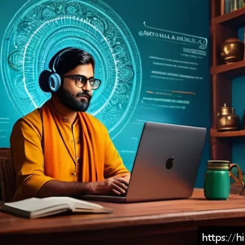 Home 33 스토리텔러와 AI 기술의 접목 - A modern Indian storyteller using AI tools on a sleek laptop, surrounded by digital holograms of sto...