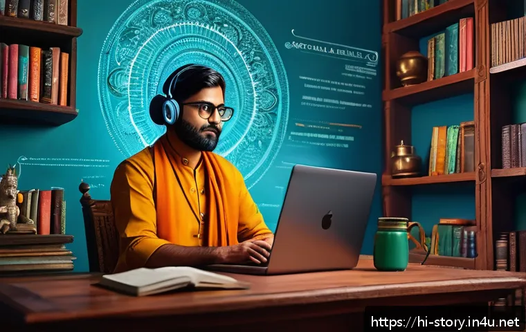 스토리텔러와 AI 기술의 접목 - A modern Indian storyteller using AI tools on a sleek laptop, surrounded by digital holograms of sto...