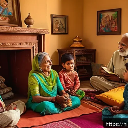 Home 32 스토리텔러와 문화적 이야기의 중요성 - A warm, intimate family scene in a traditional Indian home where elderly grandparents are narrating ...