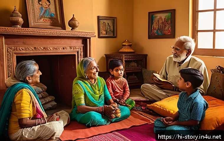 스토리텔러와 문화적 이야기의 중요성 - A warm, intimate family scene in a traditional Indian home where elderly grandparents are narrating ...