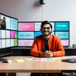 Home 19 스토리텔러 관련 직업군의 변화 - A vibrant digital storytelling workspace showing a young Indian content creator surrounded by multip...