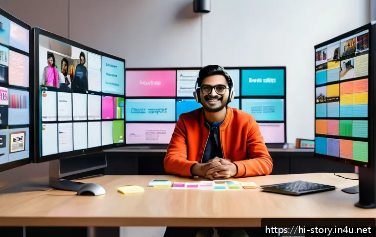 스토리텔러 관련 직업군의 변화 - A vibrant digital storytelling workspace showing a young Indian content creator surrounded by multip...
